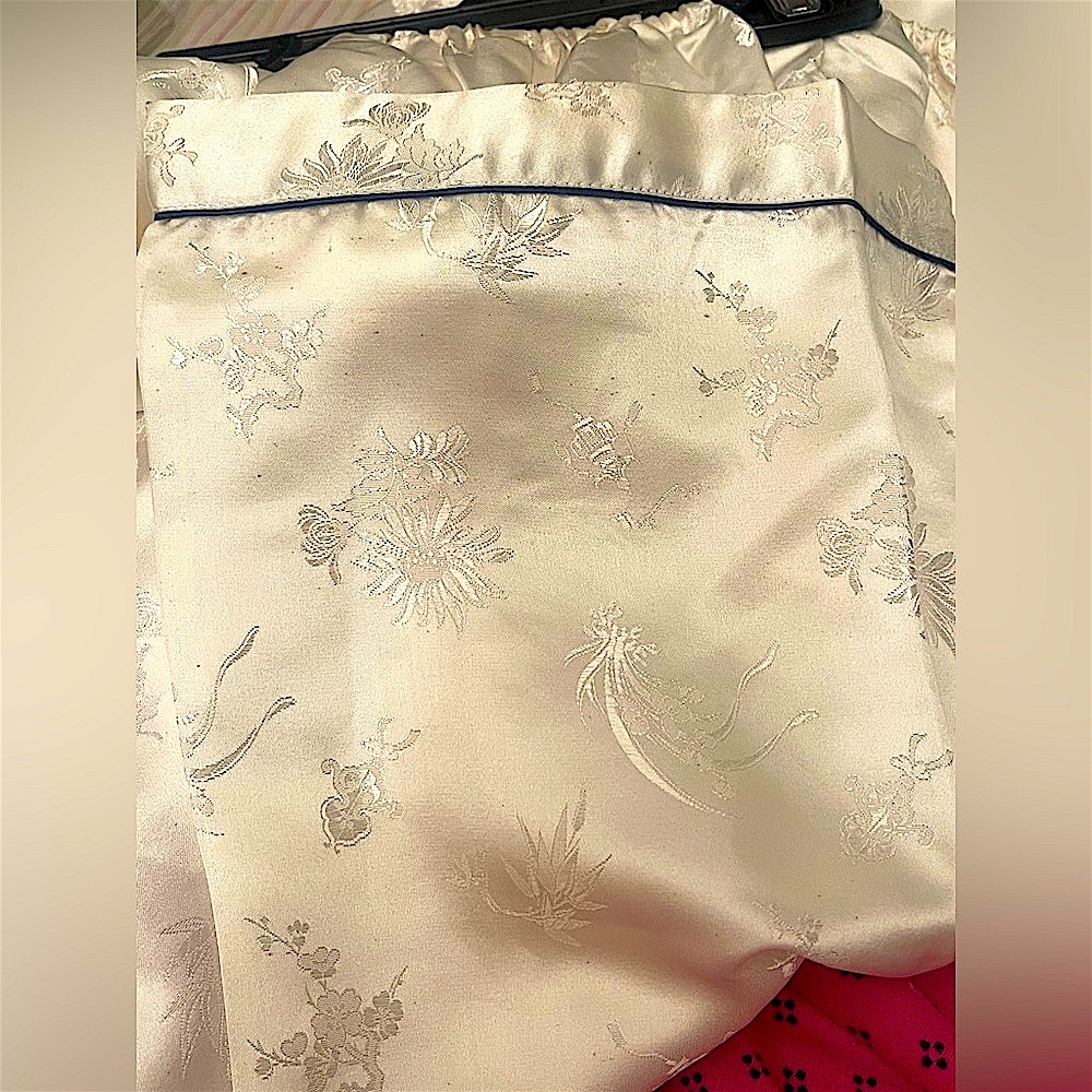 100% silk VTG Chinese 2pc.set S-M NWOT ethnic kimono& pants Satin charmuese - Picture 11 of 16